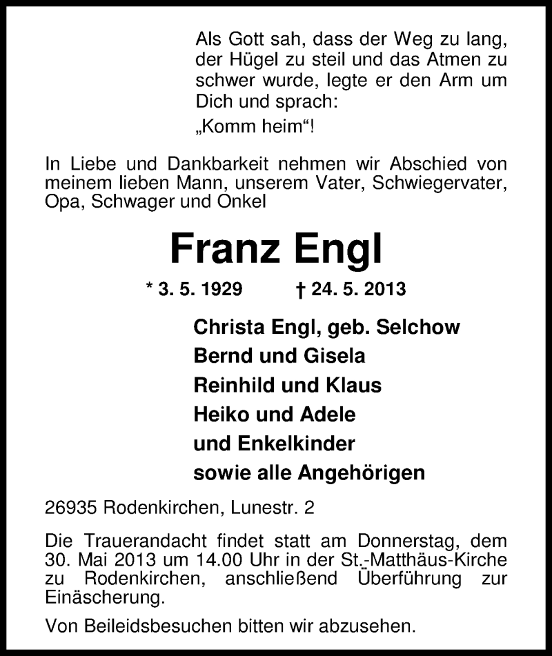  Traueranzeige für Franz Engl vom 28.05.2013 aus Nordwest-Zeitung