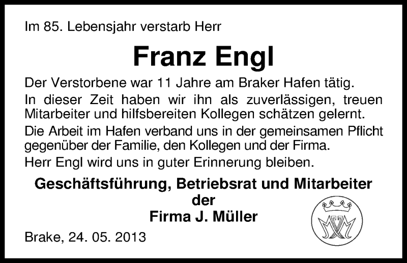  Traueranzeige für Franz Engl vom 30.05.2013 aus Nordwest-Zeitung