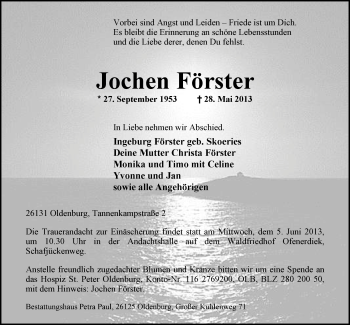 Traueranzeige von Jochen Förster von Nordwest-Zeitung