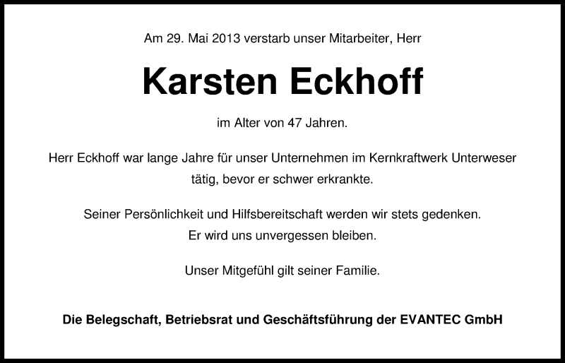  Traueranzeige für Karsten Eckhoff vom 31.05.2013 aus Nordwest-Zeitung