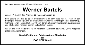 Traueranzeige von Werner Bartels von Nordwest-Zeitung