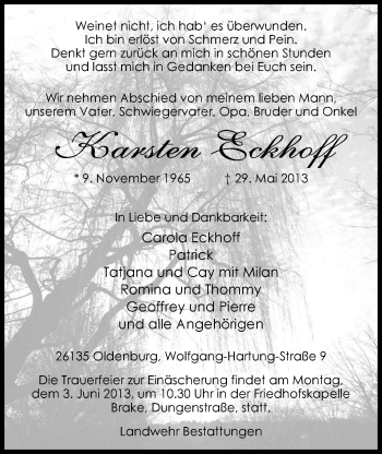 Traueranzeige von Karsten Eckhoff von Nordwest-Zeitung