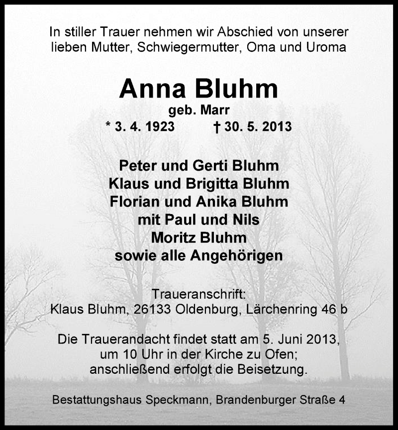  Traueranzeige für Anna Bluhm vom 01.06.2013 aus Nordwest-Zeitung
