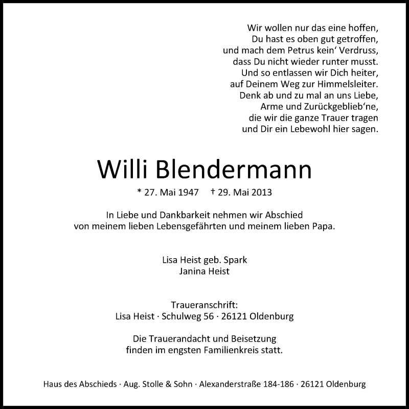  Traueranzeige für Willi Blendermann vom 01.06.2013 aus Nordwest-Zeitung