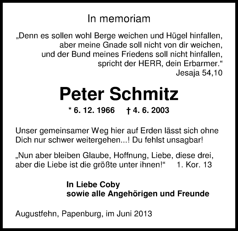  Traueranzeige für Peter Schmitz vom 04.06.2013 aus Nordwest-Zeitung