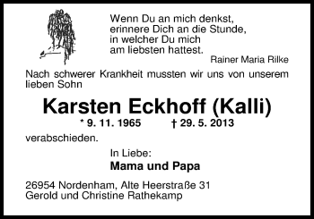 Traueranzeige von Karsten Eckhoff von Nordwest-Zeitung