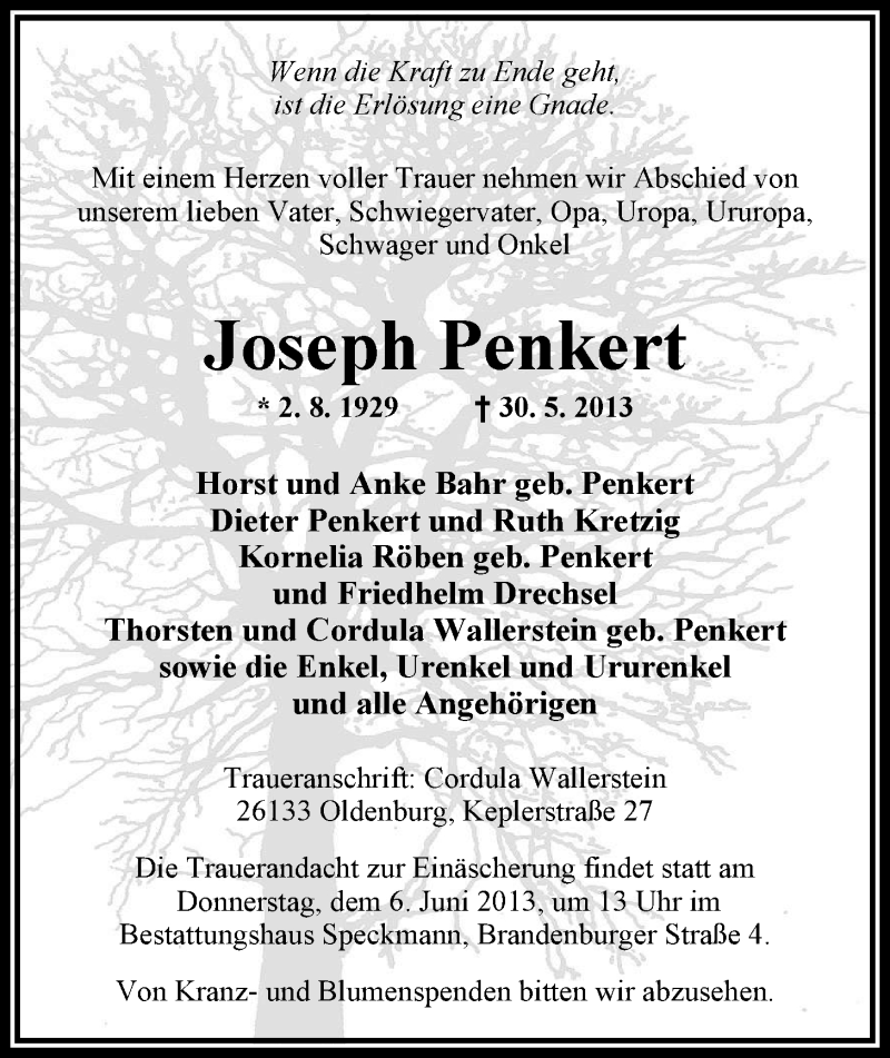  Traueranzeige für Joseph Penkert vom 01.06.2013 aus Nordwest-Zeitung