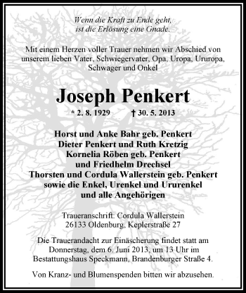 Traueranzeige von Joseph Penkert von Nordwest-Zeitung