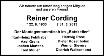 Traueranzeige von Reiner Cording von Nordwest-Zeitung