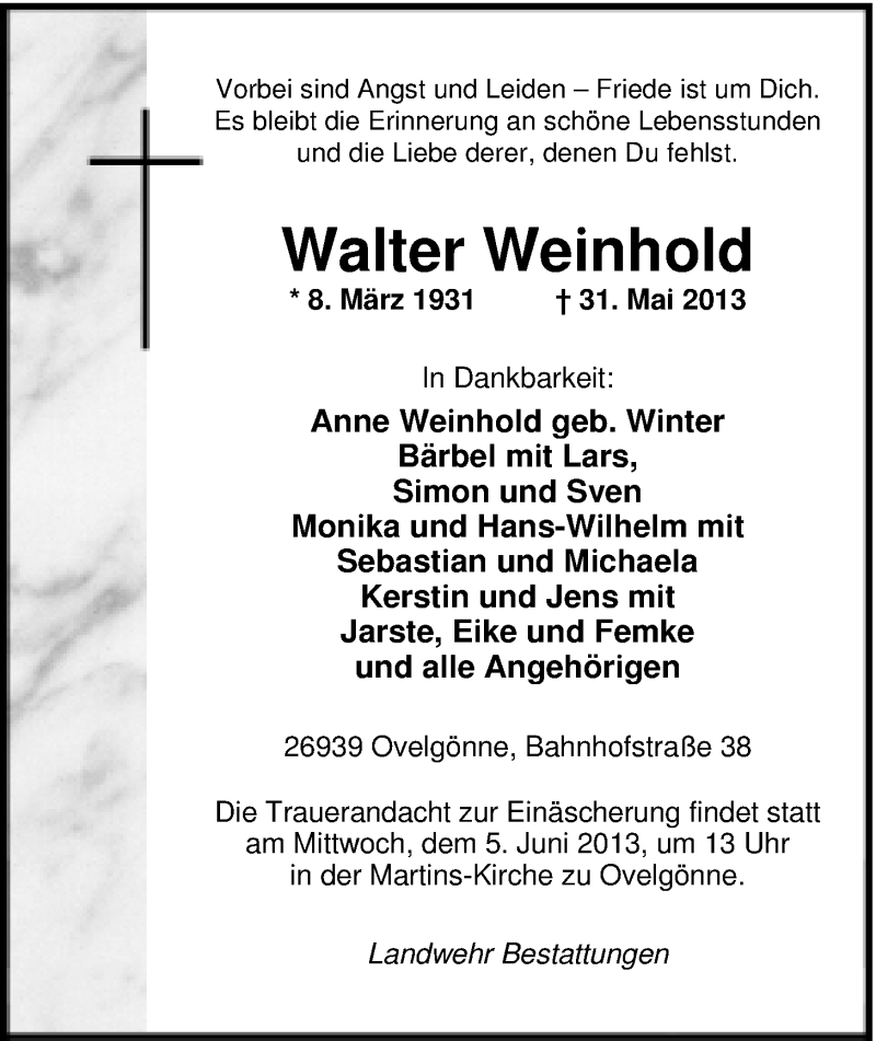  Traueranzeige für Walter Weinhold vom 01.06.2013 aus Nordwest-Zeitung