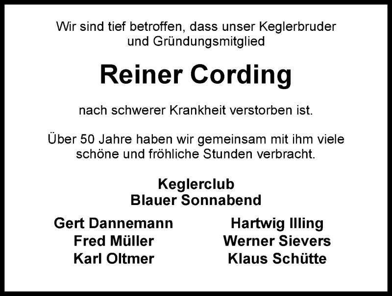  Traueranzeige für Reiner Cording vom 03.06.2013 aus Nordwest-Zeitung