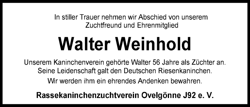  Traueranzeige für Walter Weinhold vom 04.06.2013 aus Nordwest-Zeitung