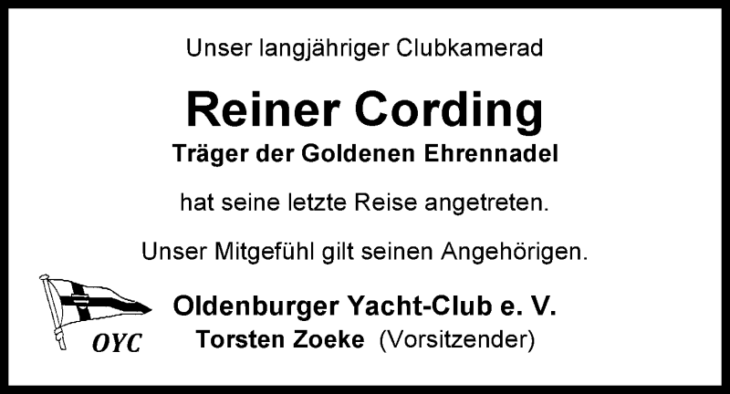  Traueranzeige für Reiner Cording vom 04.06.2013 aus Nordwest-Zeitung