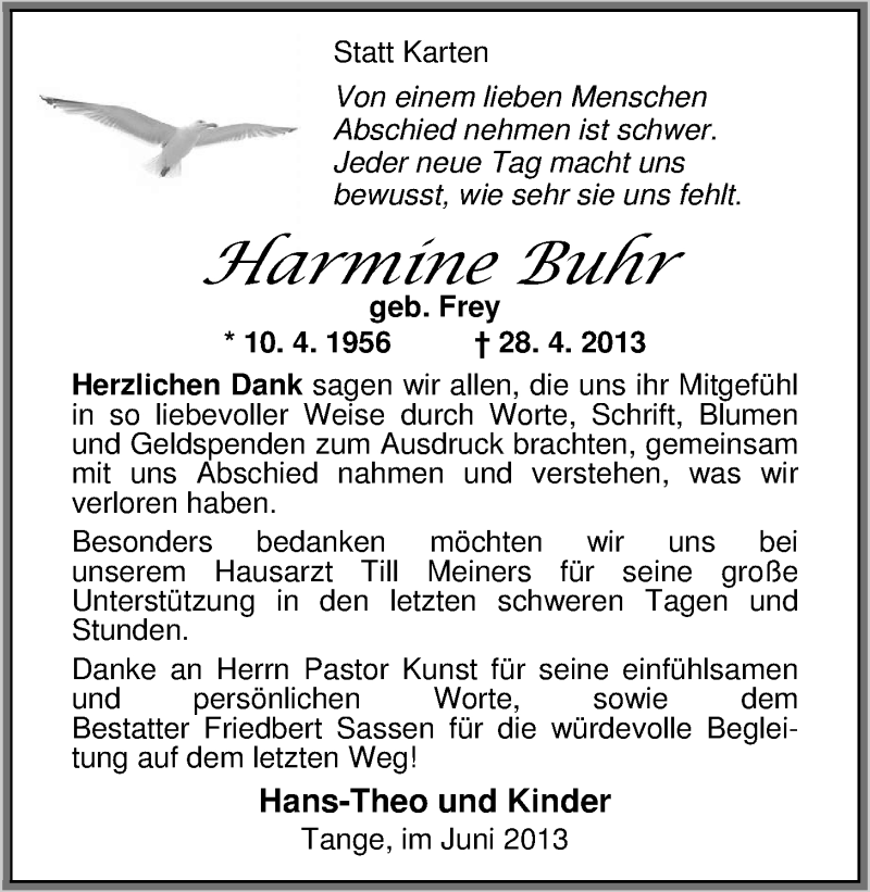  Traueranzeige für Harmine Buhr vom 08.06.2013 aus Nordwest-Zeitung
