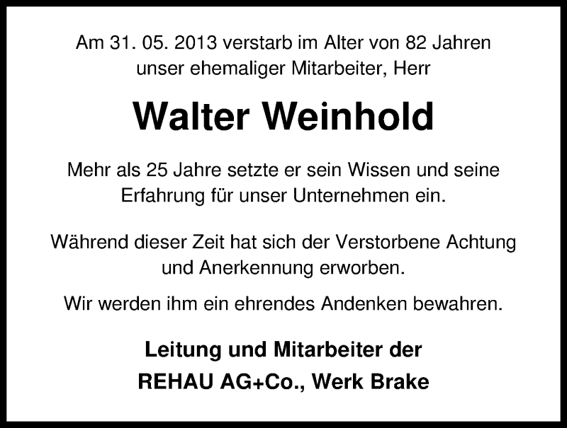  Traueranzeige für Walter Weinhold vom 04.06.2013 aus Nordwest-Zeitung