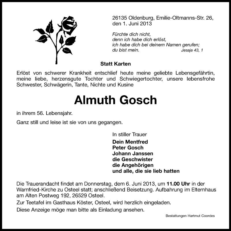  Traueranzeige für Almuth Gosch vom 04.06.2013 aus Nordwest-Zeitung