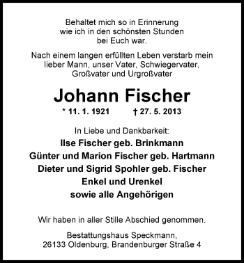 Traueranzeige von Johann Fischer von Nordwest-Zeitung