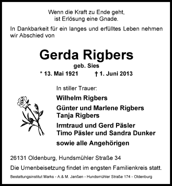 Traueranzeige von Gerda Rigbers von Nordwest-Zeitung