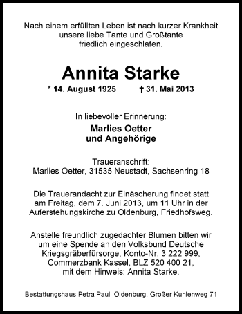Traueranzeige von Annita Starke von Nordwest-Zeitung