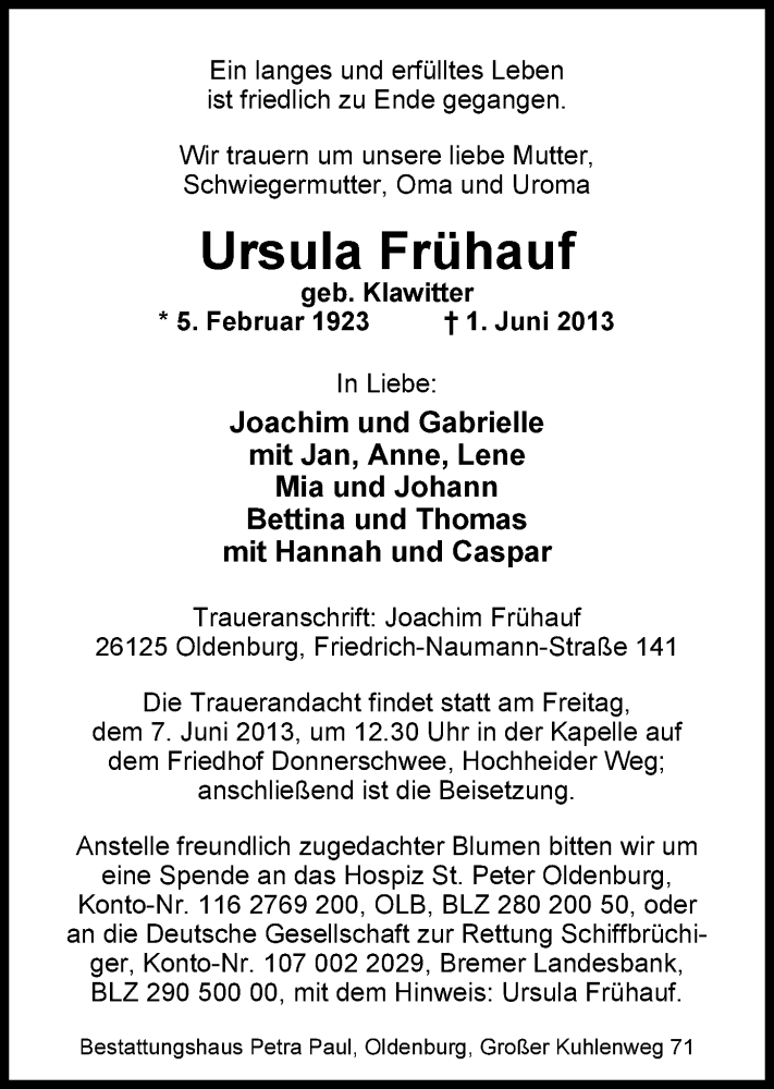  Traueranzeige für Ursula Frühauf vom 05.06.2013 aus Nordwest-Zeitung
