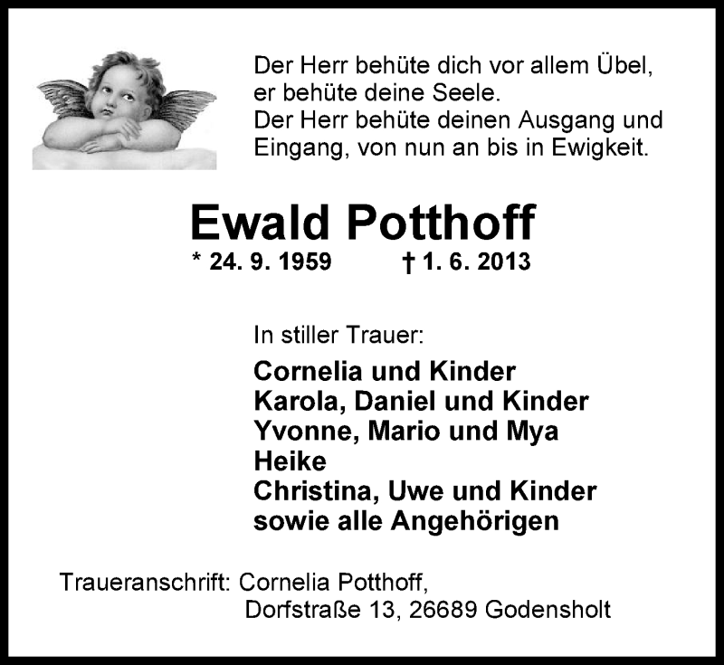  Traueranzeige für Ewald Potthoff vom 05.06.2013 aus Nordwest-Zeitung