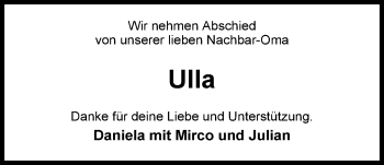 Traueranzeige von Ursula Frühauf von Nordwest-Zeitung