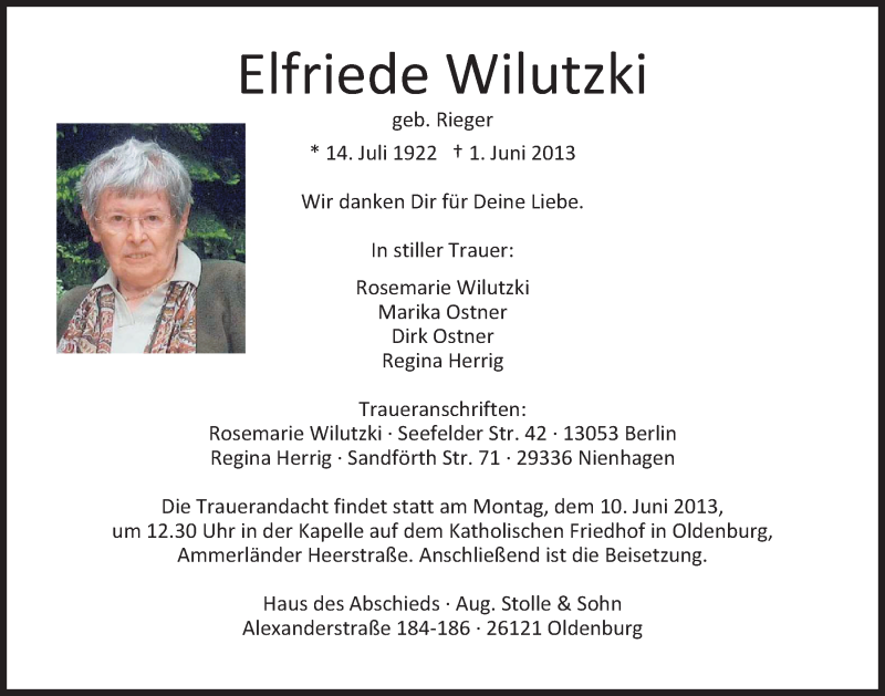  Traueranzeige für Elfriede Wilutzki vom 05.06.2013 aus Nordwest-Zeitung