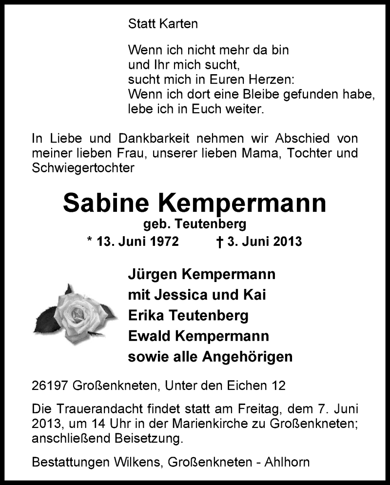  Traueranzeige für Sabine Kempermann vom 05.06.2013 aus Nordwest-Zeitung