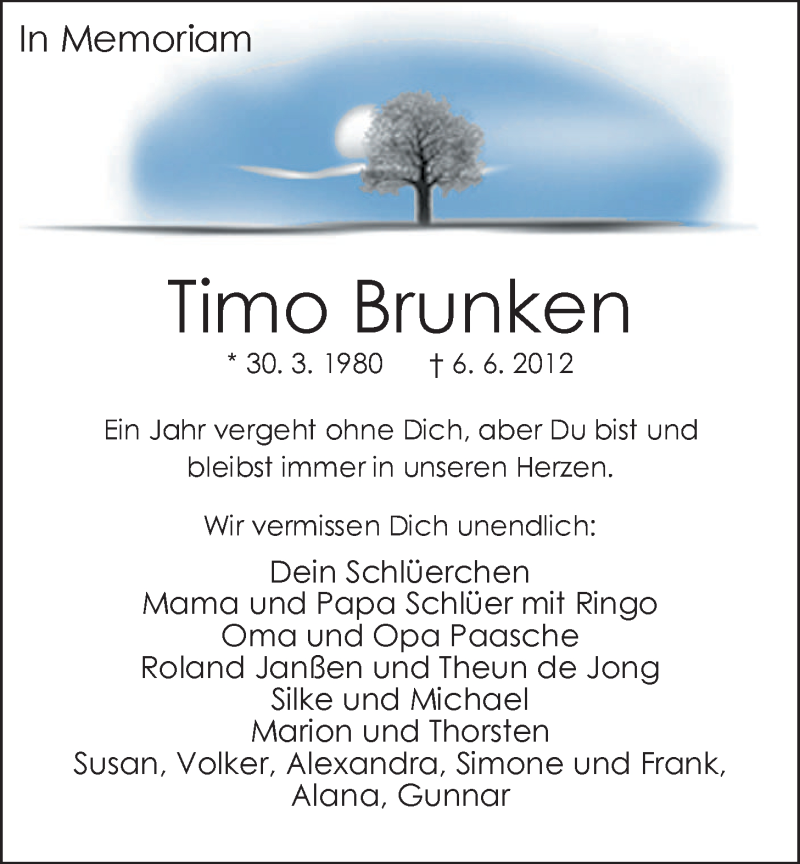  Traueranzeige für Timo Brunken vom 06.06.2013 aus Nordwest-Zeitung