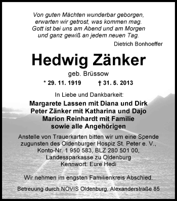 Traueranzeige von Hedwig Zänker von Nordwest-Zeitung
