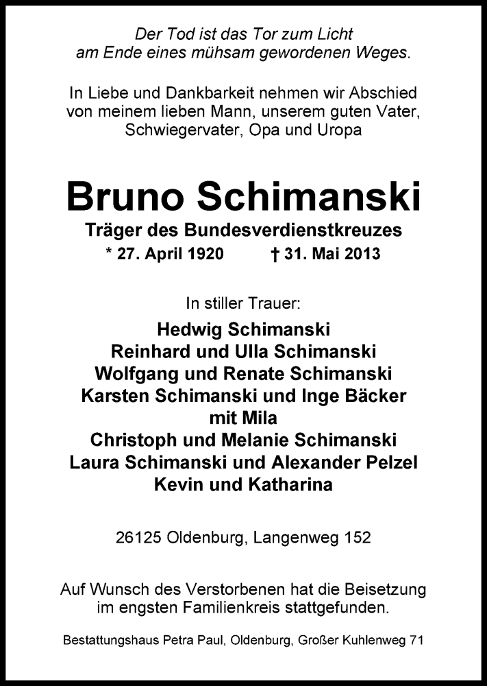  Traueranzeige für Bruno Schimanski vom 08.06.2013 aus Nordwest-Zeitung