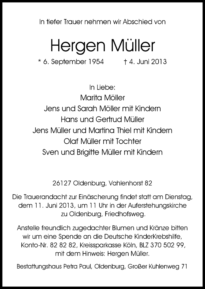  Traueranzeige für Hergen Müller vom 07.06.2013 aus Nordwest-Zeitung