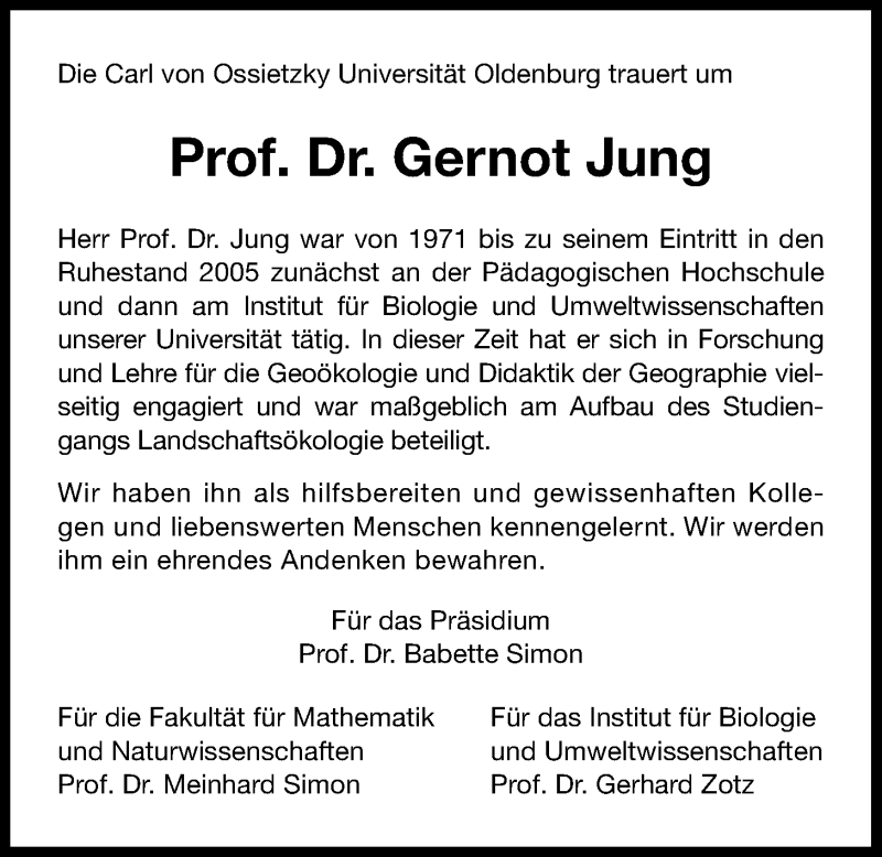  Traueranzeige für Prof. Dr. Gernot Jung vom 08.06.2013 aus Nordwest-Zeitung