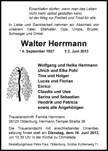 Traueranzeige von Walter Herrmann von Nordwest-Zeitung