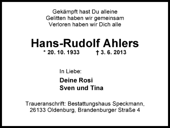 Traueranzeige von Hans-Rudolf Ahlers von Nordwest-Zeitung