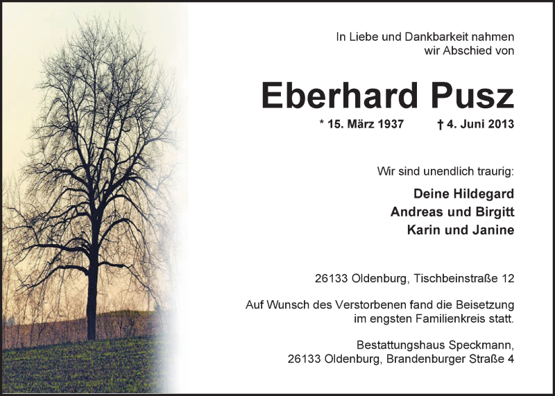  Traueranzeige für Eberhard Pusz vom 11.06.2013 aus Nordwest-Zeitung