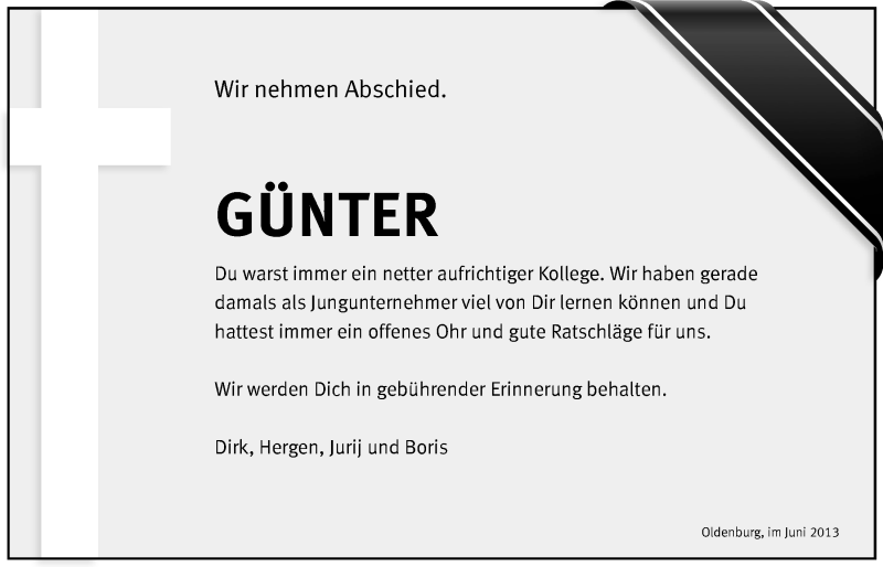  Traueranzeige für Günter Haase vom 14.06.2013 aus Nordwest-Zeitung