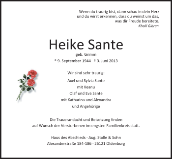 Traueranzeige von Heike Sante von Nordwest-Zeitung