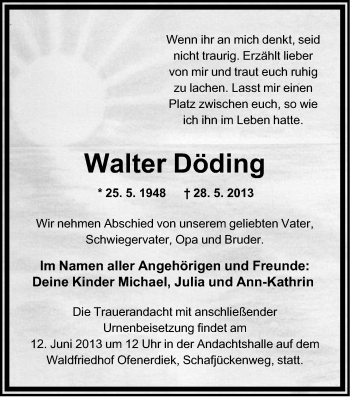 Traueranzeige von Walter Döding von Nordwest-Zeitung