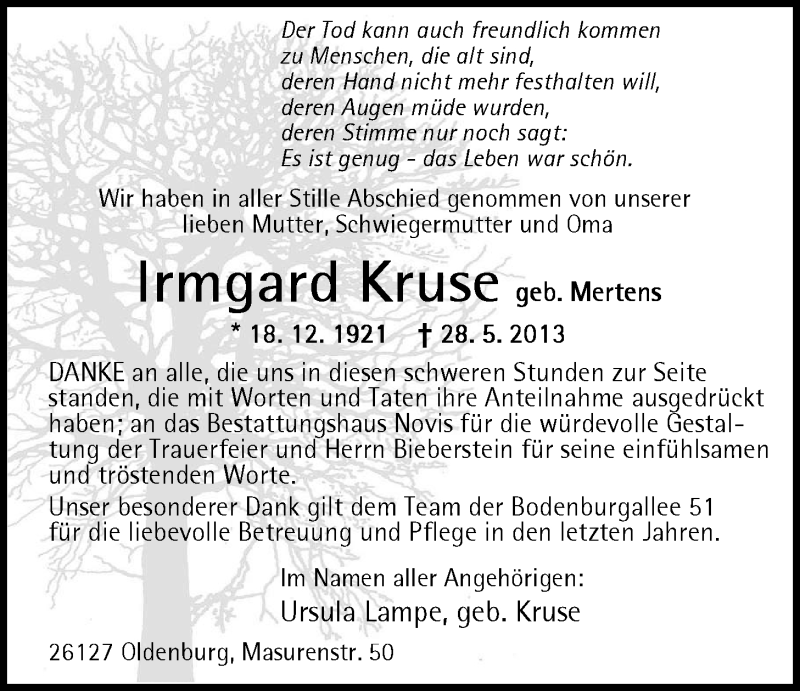  Traueranzeige für Irmgard Kruse vom 08.06.2013 aus Nordwest-Zeitung