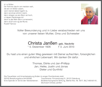 Traueranzeige von Christa Janßen von Nordwest-Zeitung