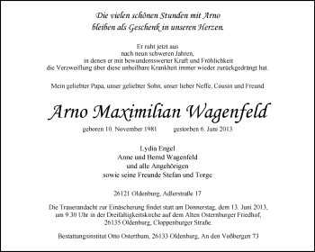 Traueranzeige von Arno Maximilian Wagenfeld von Nordwest-Zeitung