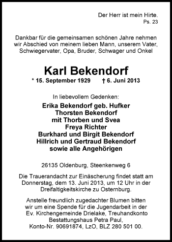 Traueranzeige von Karl Bekendorf von Nordwest-Zeitung