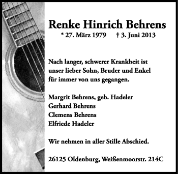 Traueranzeige von Renke Hinrich Behrens von Nordwest-Zeitung