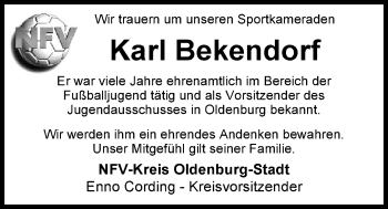 Traueranzeige von Karl Bekendorf von Nordwest-Zeitung
