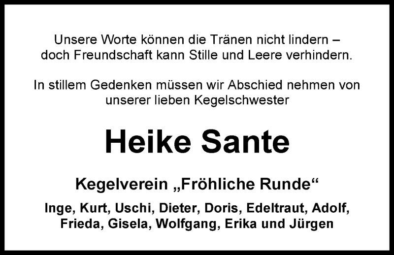  Traueranzeige für Heike Sante vom 12.06.2013 aus Nordwest-Zeitung