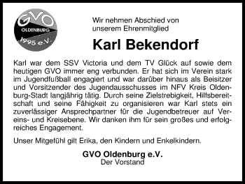 Traueranzeige von Karl Bekendorf von Nordwest-Zeitung