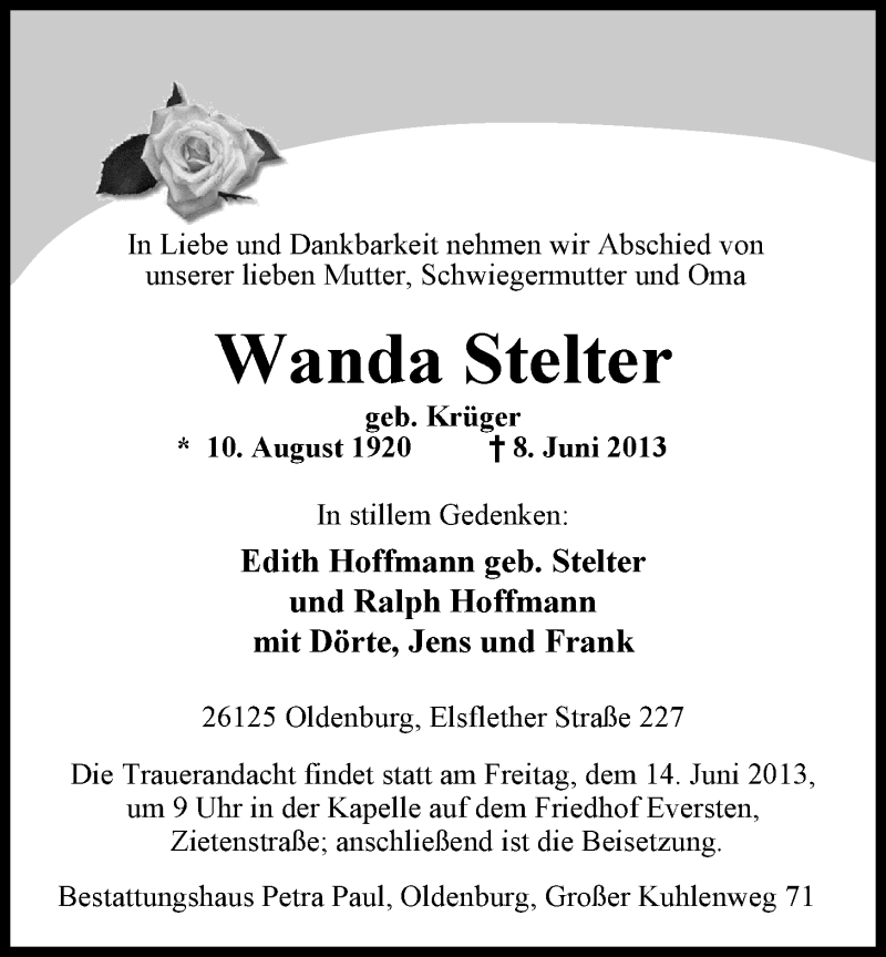  Traueranzeige für Wanda Stelter vom 11.06.2013 aus Nordwest-Zeitung