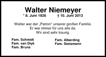 Traueranzeige von Walter Niemeyer von Nordwest-Zeitung
