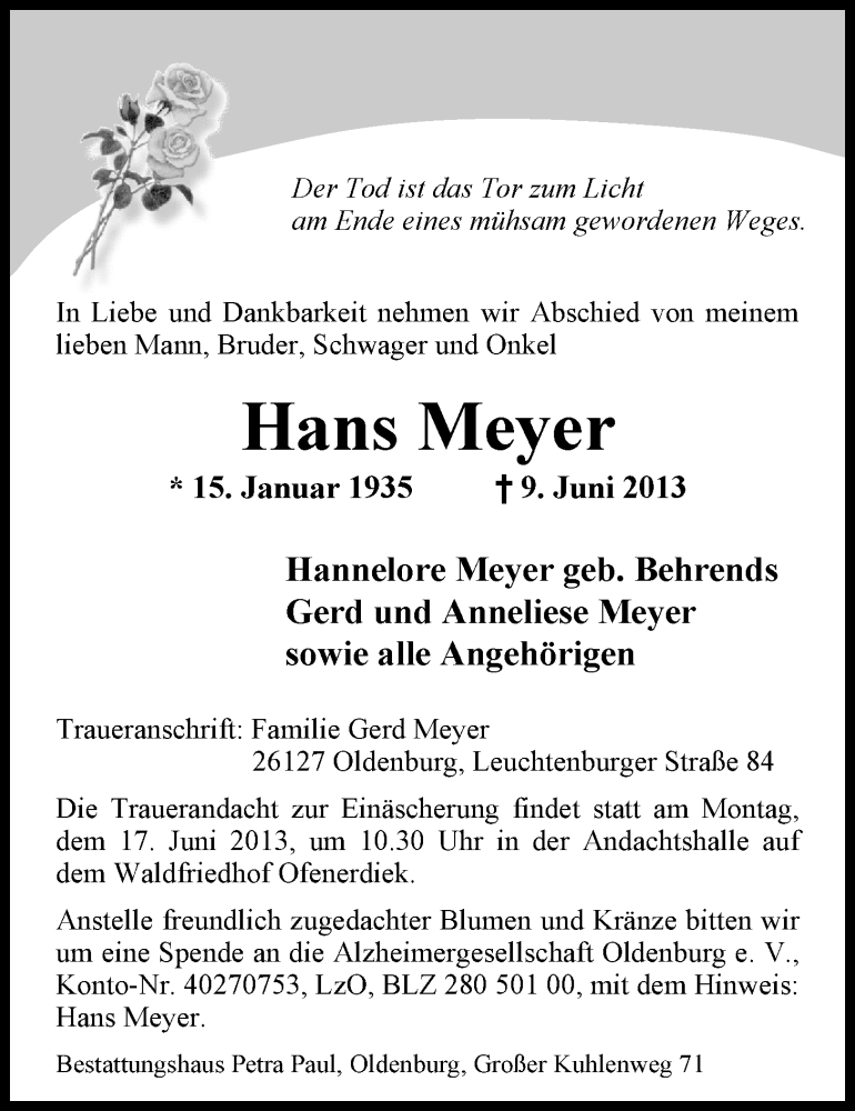  Traueranzeige für Hans Meyer vom 12.06.2013 aus Nordwest-Zeitung